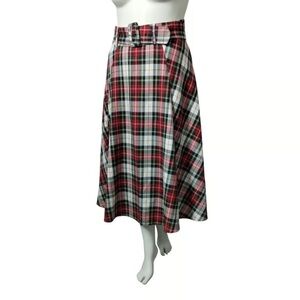 Women’s Red Plaid A-Line Midi Skirt with Belt